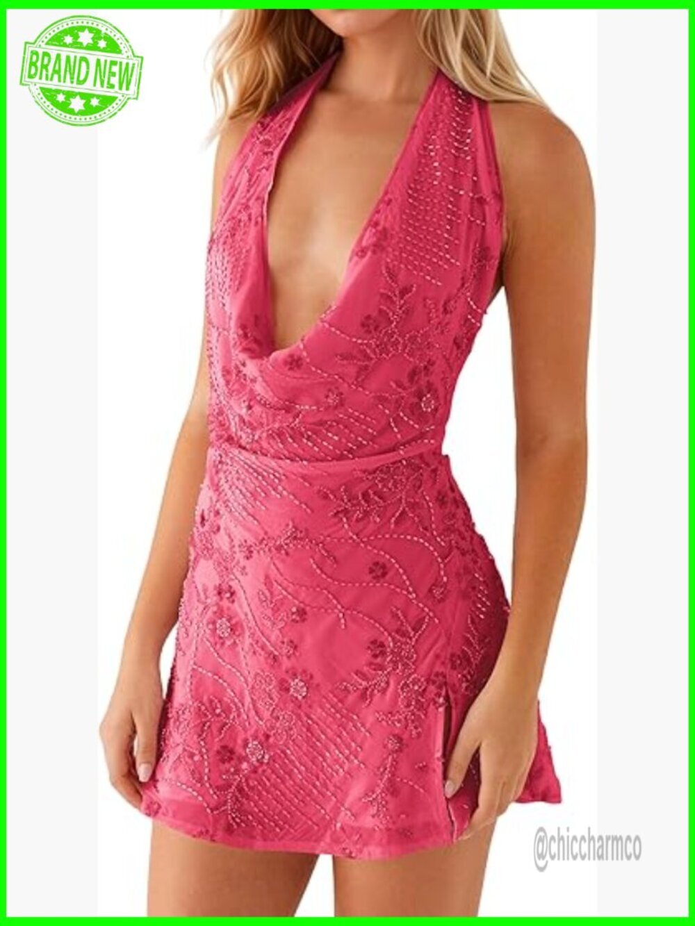 Sparkly Sequin Mini Dress Sleeveless Cowl Neck Bodycon Club Party Dress